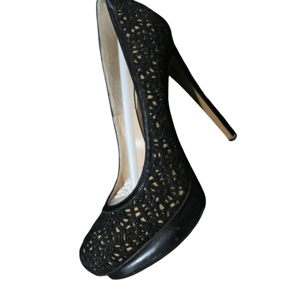 Nicholas Kirkwood Laser Cut Black Italian Leather Platform Stiletto Pumps 37